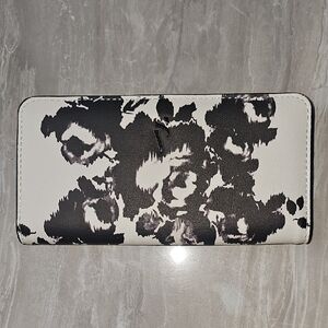 Floral Print Zip-Around Wallet - White/Black